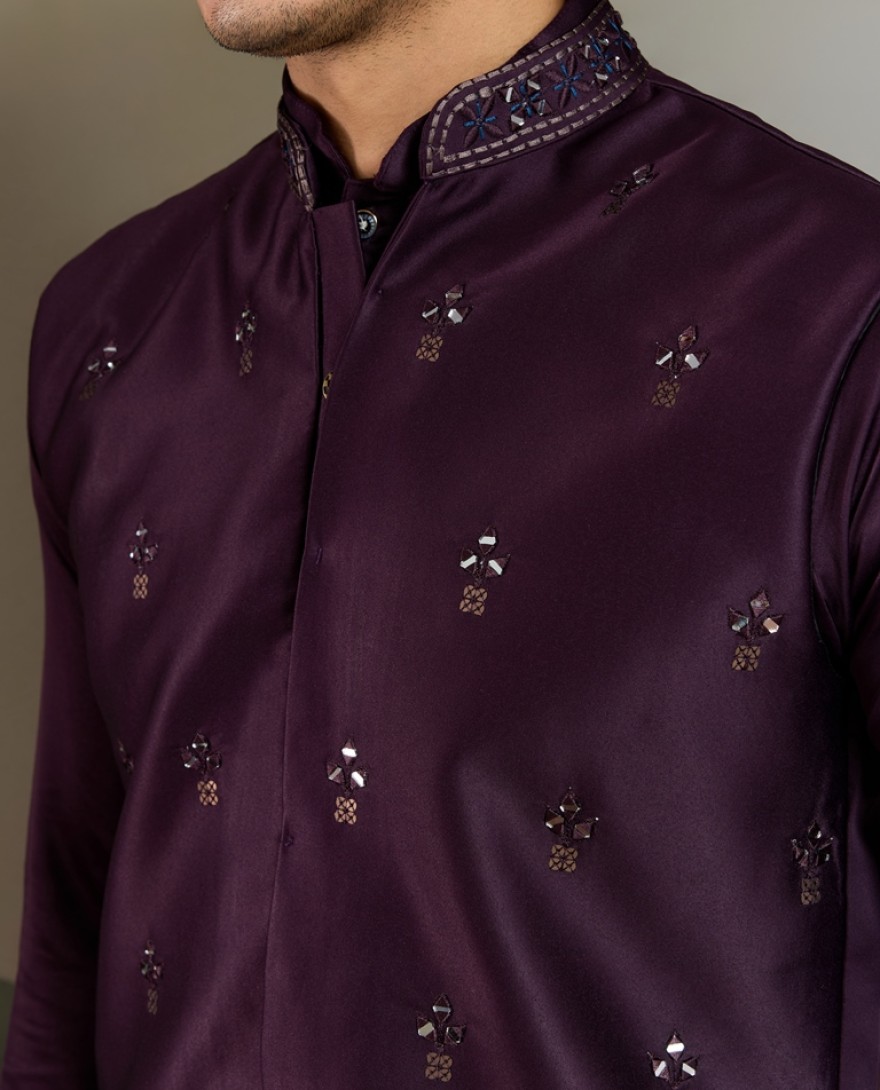 61105-PURPLE - Royal Plum Embroidered Kurta Set for Men